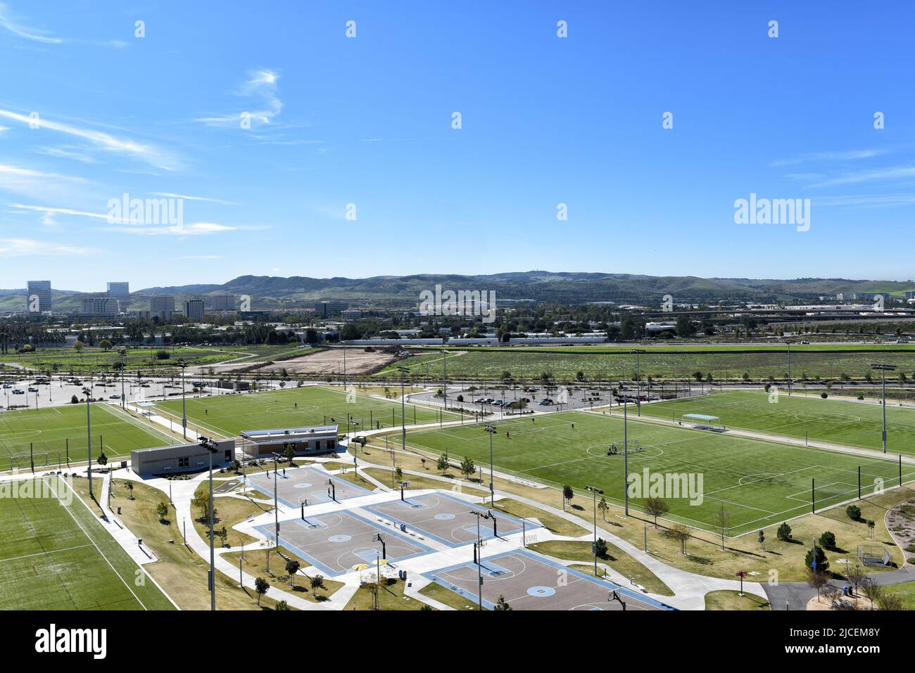 IRVINE, CALIFORNIA 31 JAN 2020: Aerial view of basketball courts at the Orange County Great Park. Stock Photo