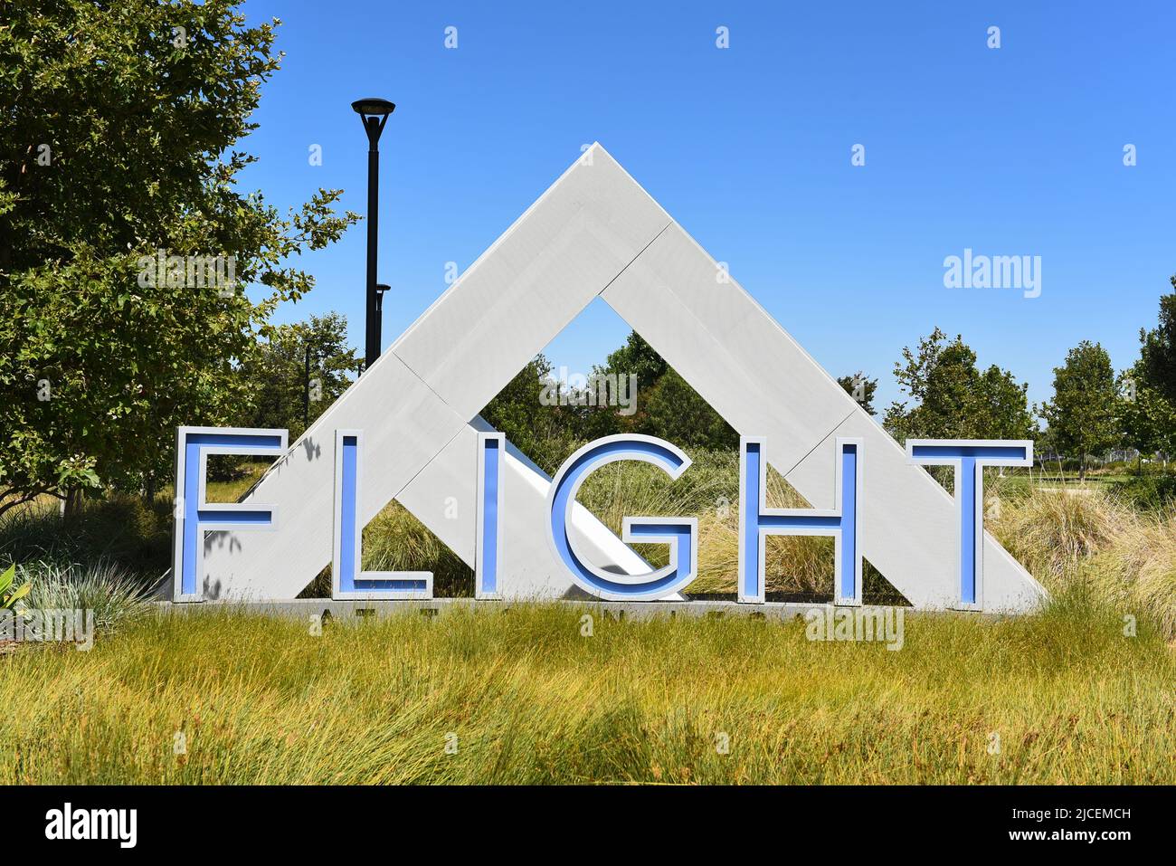 TUSTIN, CALIFORNIA - 12 JUN 2022: Flight sign at the east entrance to the Business Park at Tustin Legacy. Stock Photo