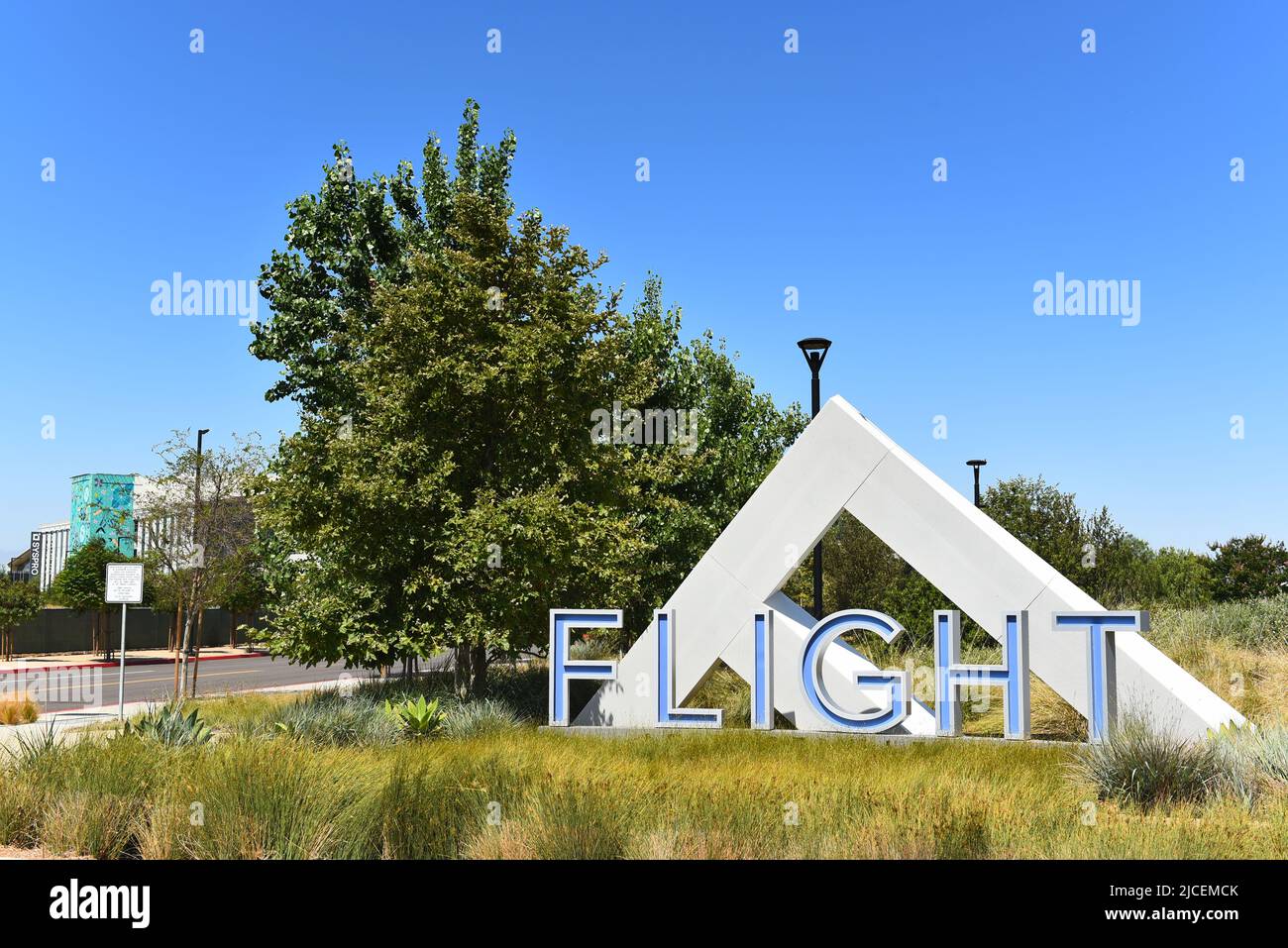 TUSTIN, CALIFORNIA - 12 JUN 2022: Flight sign at the east entrance to the Business Park at Tustin Legacy. Stock Photo