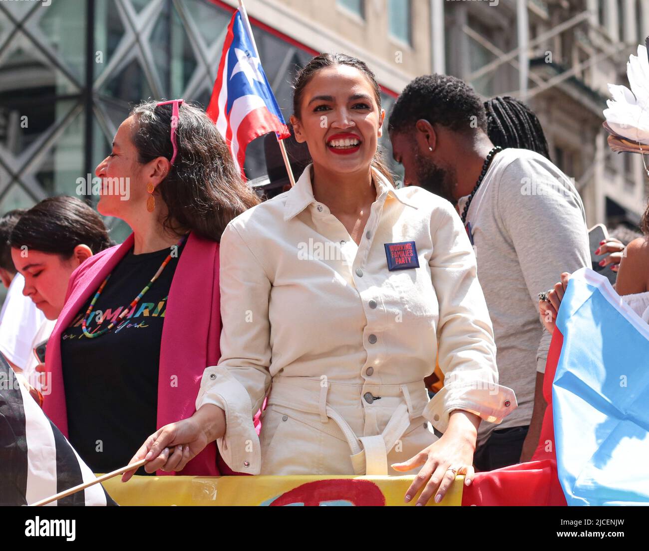 New York, New York - June 12, 2022 : Alexandria Ocasio-Cortez celebrating at New York City Puerto Rican Day Parade on 5th ave. in Manhattan. Stock Photo