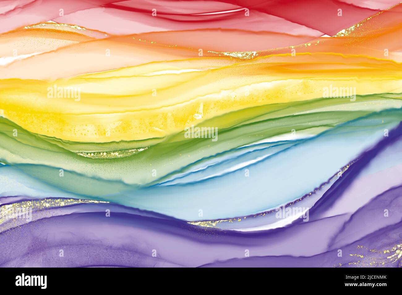 Rainbow line abstract background art painting decorated with gold flow drop. Alcohol ink, watercolor style, LGBTQ community pride concept. Stock Photo