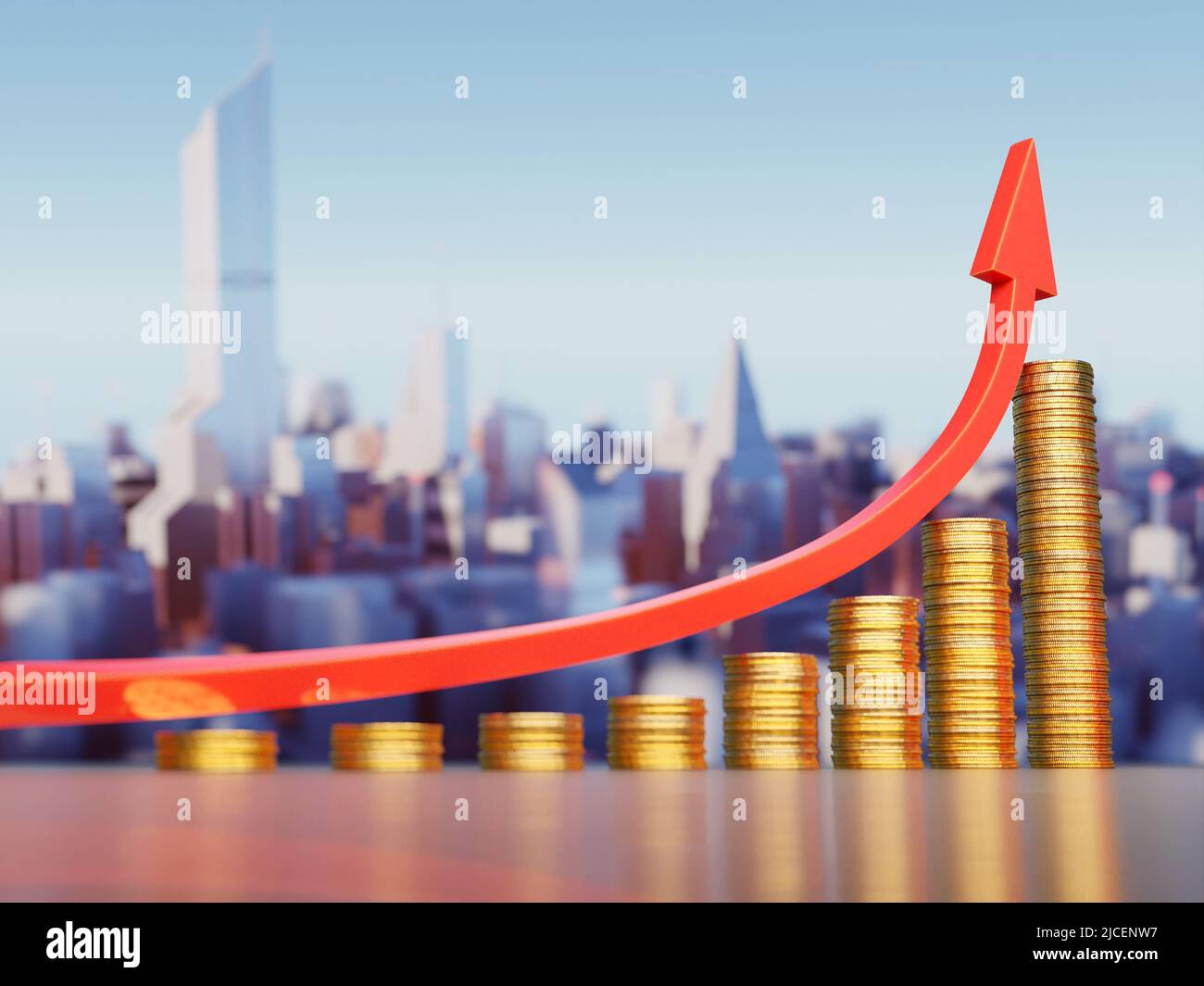Inflation, prices rise concept. Coin stacks and red arrows representing the increase in the cost of living. Digital 3D rendering. Stock Photo