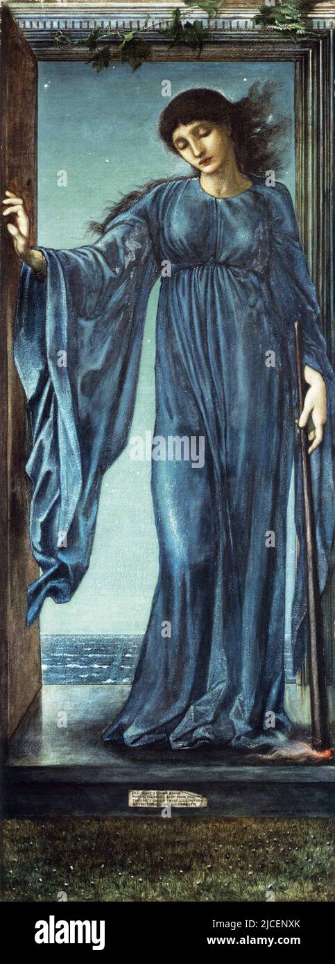 A portrait of Nyx  (The Night) by Edward Burne Jones (1833-1898). In Greek mythology Nyx was one of the primordial godesses created from Chaos. She mates with Erebus (Darkness) to give birth to Aether (LIght) and Hemera (Day). Later she gives birth to Moros (Doom, Destiny), the Keres (Destruction, Death), Thanatos (Death), Hypnos (Sleep), the Oneiroi (Dreams), Momus (Blame), Oizys (Pain, Distress), the Hesperides, the Moirai (Fates), Nemesis (Indignation, Retribution), Apate (Deceit), Philotes (Friendship), Geras (Old Age), and Eris (Strife) Stock Photo