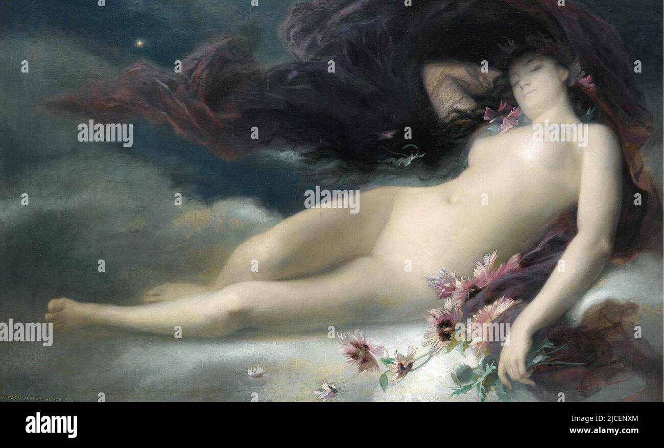 A portrait of Nyx  (The Night) by Auguste Alexandre Hirsch (1833-1912). In Greek mythology Nyx was one of the primordial godesses created from Chaos. She mates with Erebus (Darkness) to give birth to Aether (LIght) and Hemera (Day). Later she gives birth to Moros (Doom, Destiny), the Keres (Destruction, Death), Thanatos (Death), Hypnos (Sleep), the Oneiroi (Dreams), Momus (Blame), Oizys (Pain, Distress), the Hesperides, the Moirai (Fates), Nemesis (Indignation, Retribution), Apate (Deceit), Philotes (Friendship), Geras (Old Age), and Eris (Strife) Stock Photo
