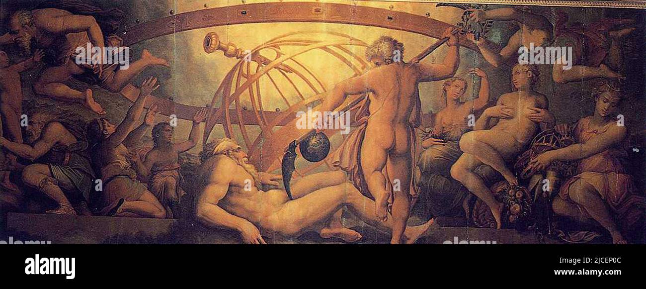 A painting of the primordial god Uranus (or Ouranos) being castrated by his son, the Titan Cronos (or Kronos, - who was Sauturn in Roman myth). In Greek mythology the titans were the first pantheon of gods before they were overthrown by the Olympians, led by Cronos's son Zeus. Stock Photo