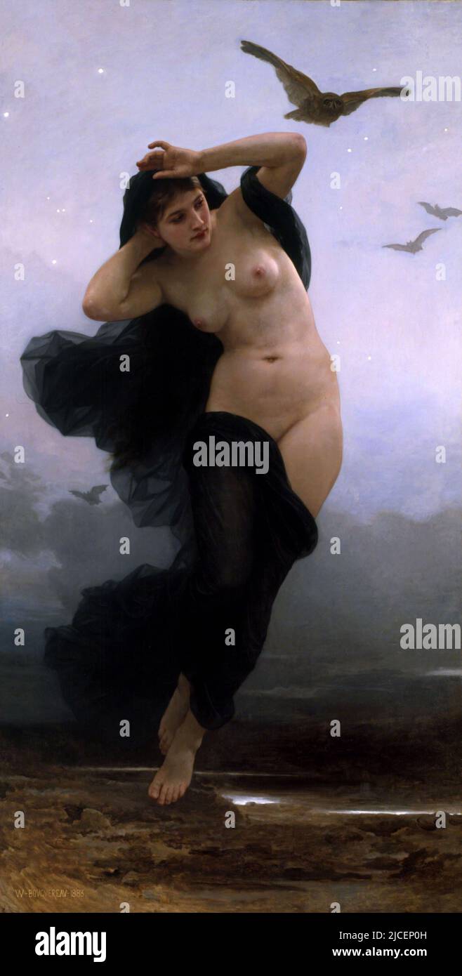 A portrait of Nyx  (The Night) by William-Adolphe Bouguereau (1825-1905). In Greek mythology Nyx was one of the primordial godesses created from Chaos. She mates with Erebus (Darkness) to give birth to Aether (LIght) and Hemera (Day). Later she gives birth to Moros (Doom, Destiny), the Keres (Destruction, Death), Thanatos (Death), Hypnos (Sleep), the Oneiroi (Dreams), Momus (Blame), Oizys (Pain, Distress), the Hesperides, the Moirai (Fates), Nemesis (Indignation, Retribution), Apate (Deceit), Philotes (Friendship), Geras (Old Age), and Eris (Strife) Stock Photo