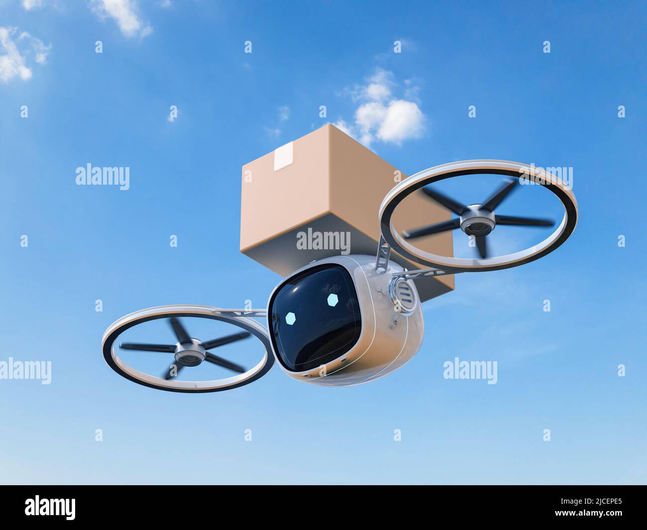 3d rendering delivery drone flying with cardboard box Stock Photo - Alamy