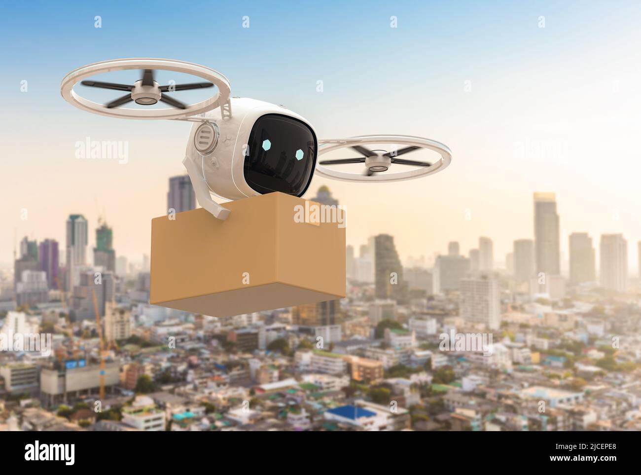 3d rendering delivery drone flying with cardboard box in city Stock ...