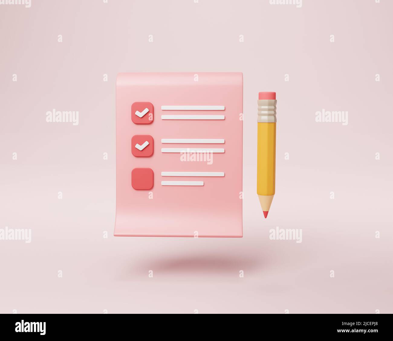 3D clipboard and pencil on pink background, notepad icon Stock Photo