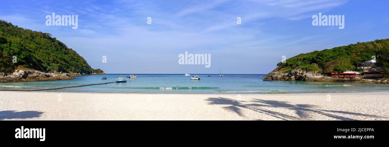 Panorama view of the beach at Racha Island, Phuket, Thailand, in the Andaman Sea, during the day, beautiful turquoise water, calm atmosphere, many boa Stock Photo