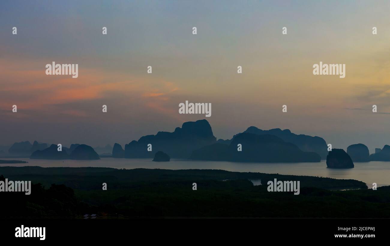 Panorama view of Samet Nangshe, Phang Nga, Thailand in the beautiful sky and clouds. The spectacular and natural beauty of mountains and islands in th Stock Photo
