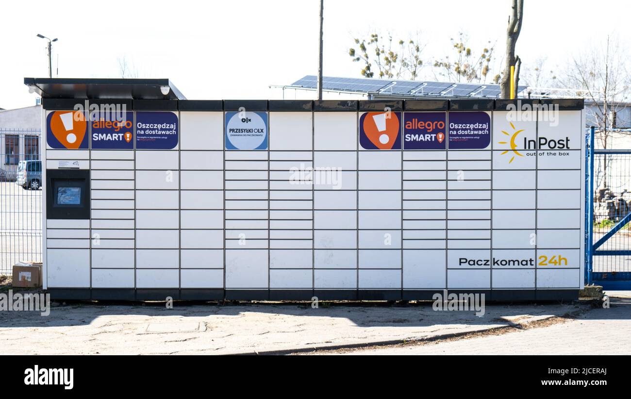 Gdansk, POLAND May 2022: InPost Paczkomat delivery service. Smart  electronic steel parcel locker box, automatic mailboxes.