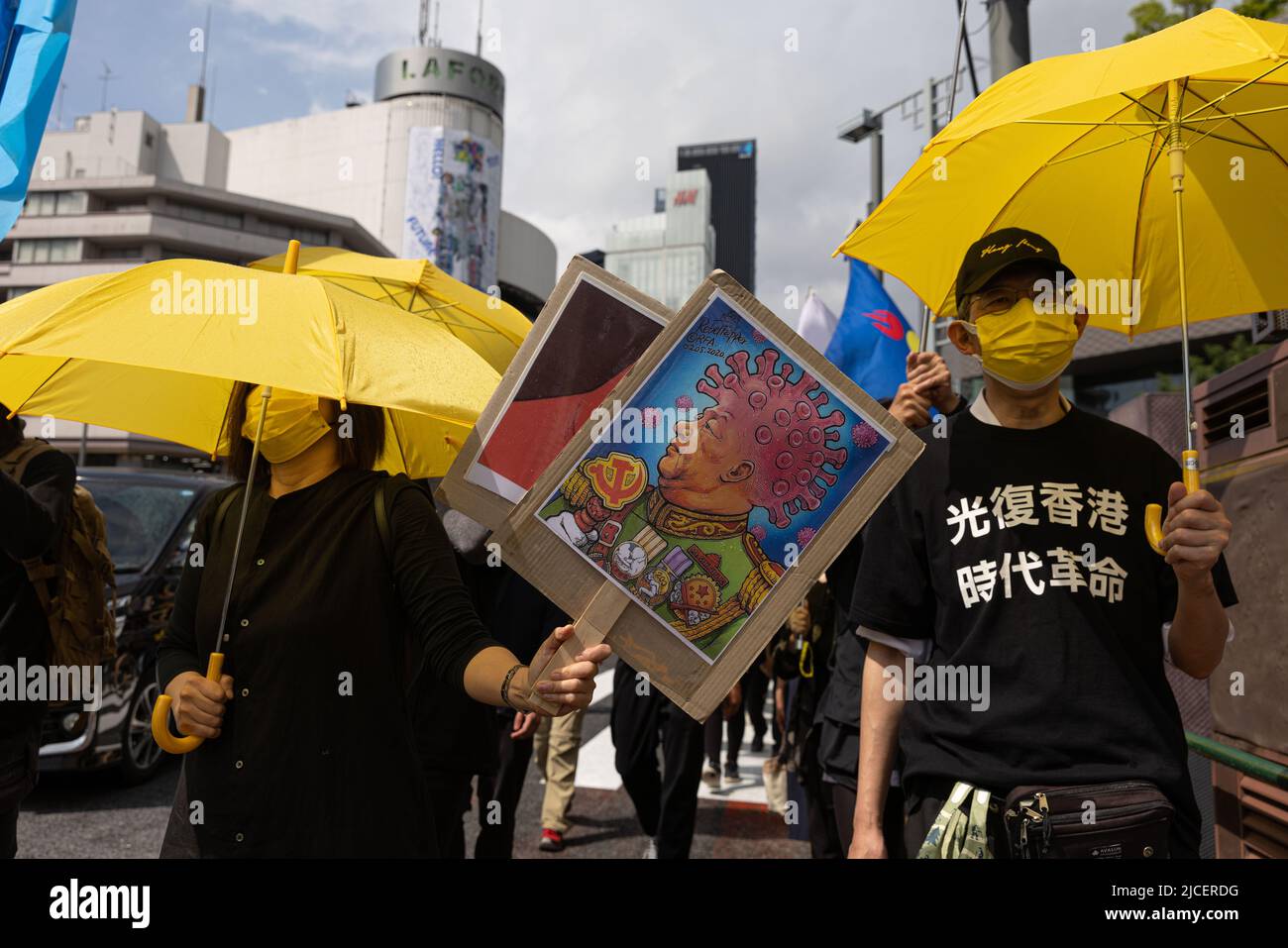 Demonstrator holds up a sign with Xi Jinping while walking through the streets in Omote-Sando during the three year anniversary of the June 12, 2019 Hong Kong protest in Tokyo, Japan on June 12, 2022. Stock Photo