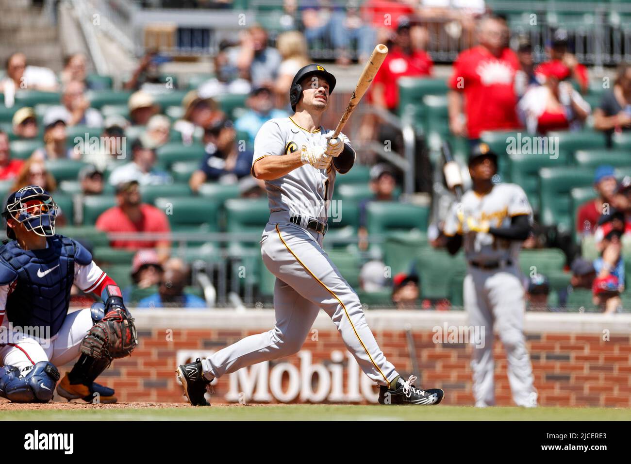 Pittsburgh Pirates center fielder Bryan Reynolds (10) hits a home run in the fifth inning during a MLB regular season game against the Pittsburgh Pira Stock Photo