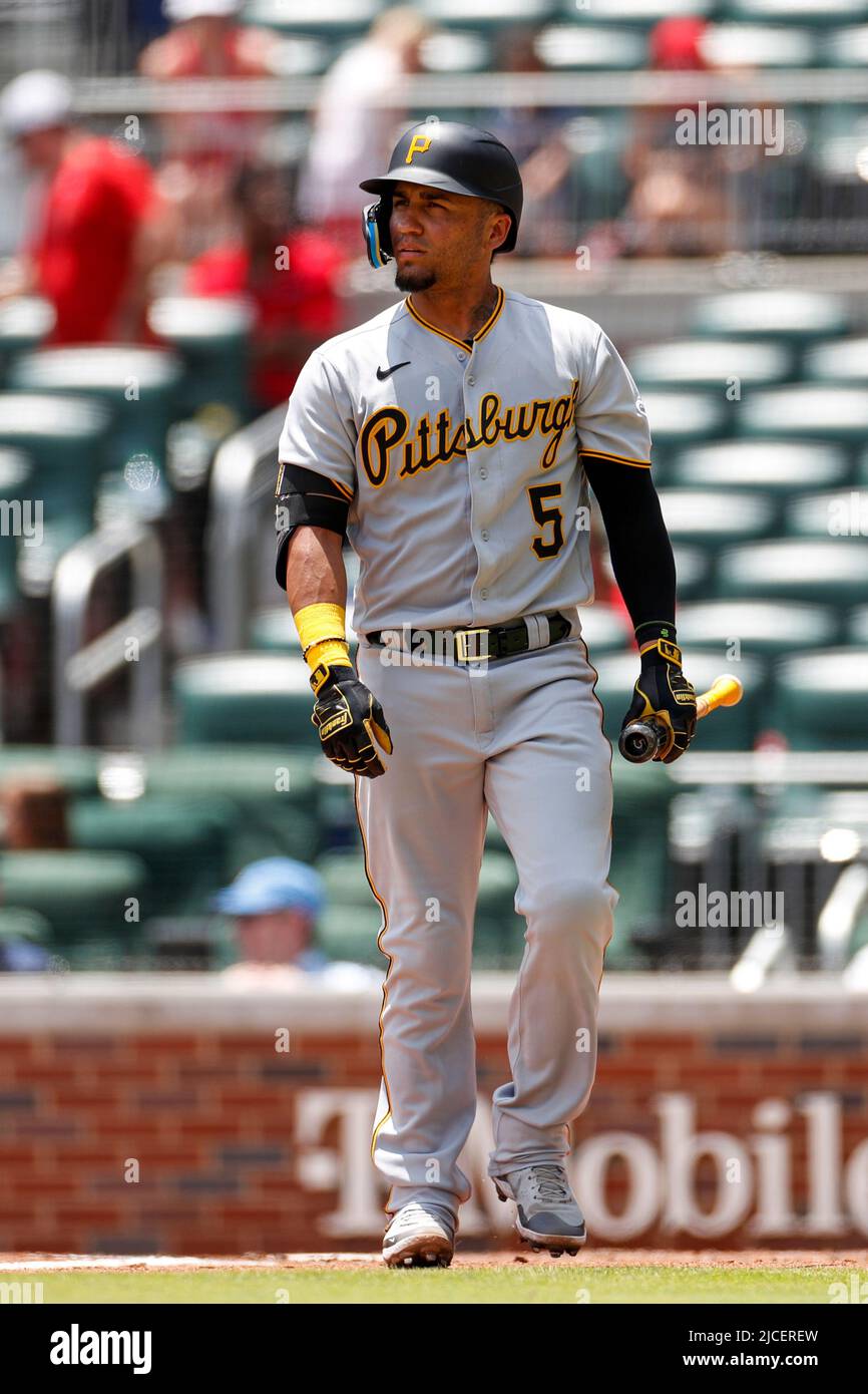 Atlanta, United States. 12th June, 2022. Pittsburgh Pirates catcher Michael  Perez (5) reacts after striking out during a MLB regular season game  against the Pittsburgh Pirates, Sunday, June 12, 2022, in Atlanta