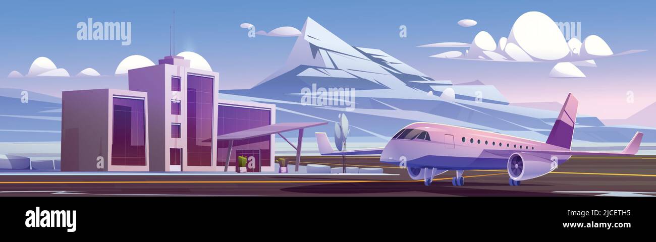 Airport terminal and plane on runway strip in winter. Vector cartoon  panoramic illustration of nordic landscape with small airport building,  private jet on landing field, snow and mountains Stock Vector Image &