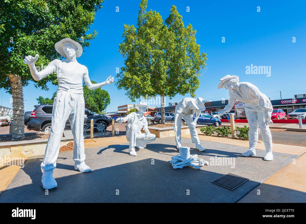 The Drovers Monument are commemoration statues in the centre of Longreach, Queensland, QLD, Australia Stock Photo