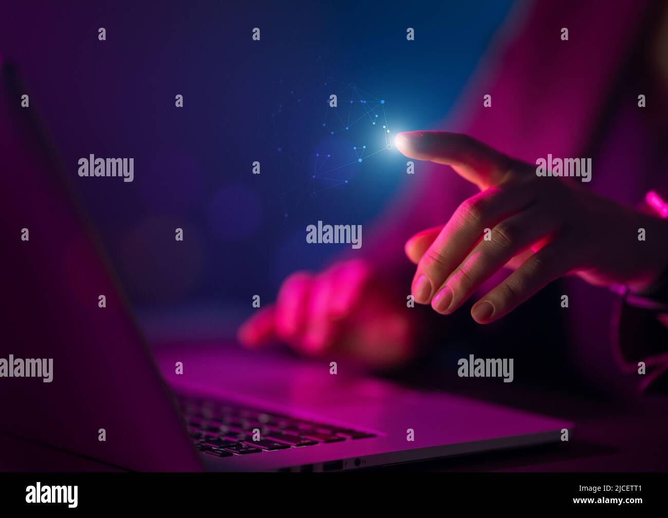 Female manager is using laptop. Computer and hands close up. Stock Photo