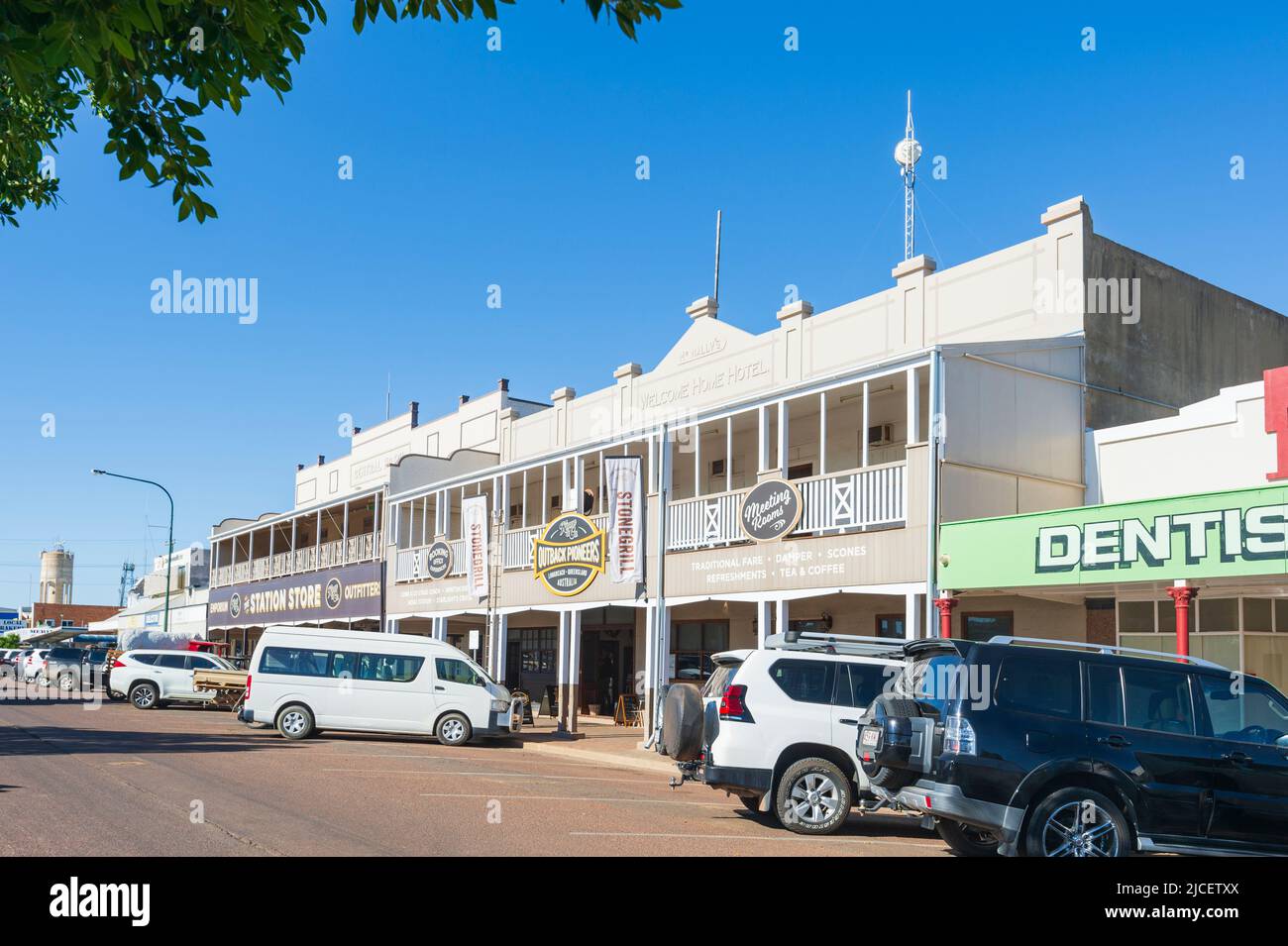 View of old colonial buildings in Longreach main street in CBD, Queensland, QLD, Australia Stock Photo