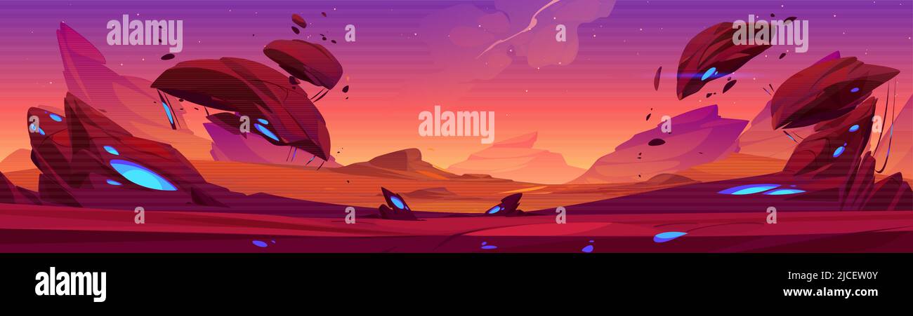 Fantastic landscape of alien planet with rocks, flying stones and ...