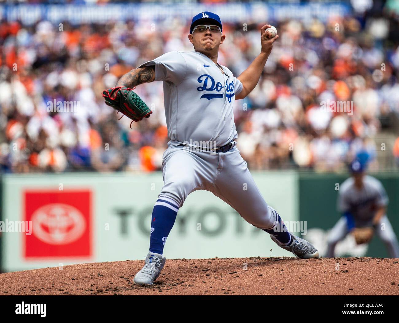 June 12 2022 San Francisco CA, U.S.A. Los Angeles starting pitcher Julio  Urias (7) on the mound during the MLB game between the Los Angeles Dodgers  and the San Francisco Giants. The