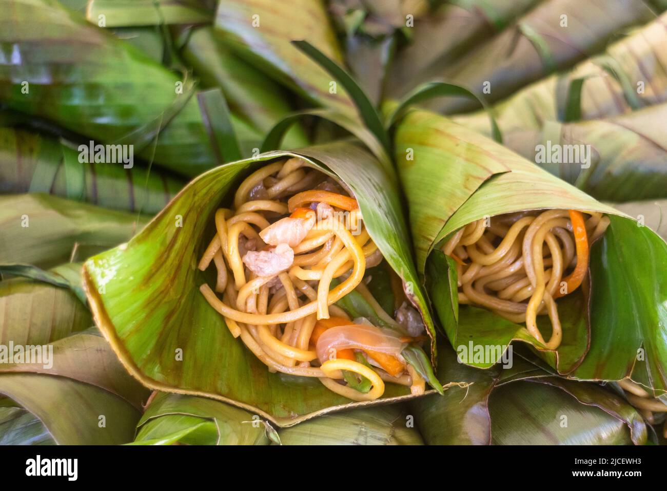 Local noodles called pansit wrapped in banana leaves at Bluewater