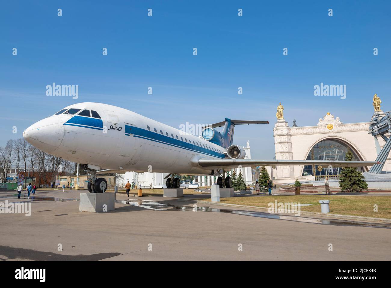 MOSCOW, RUSSIA - APRIL 14, 2021: Soviet passenger plane of Yak-42 on the territory of the All-Russian Exhibition Center (VDNKh) on April afternoon Stock Photo