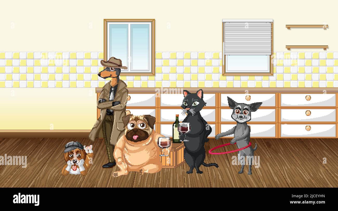 Set of different domestic animals in kitchen illustration Stock Vector ...