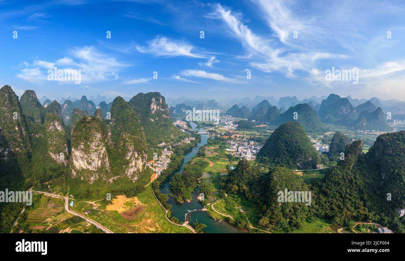 Aerial view of beautiful mountain and river natural landscape in Guilin, China. Guilin is a world famous tourist resort. Here are the most widely dist Stock Photo