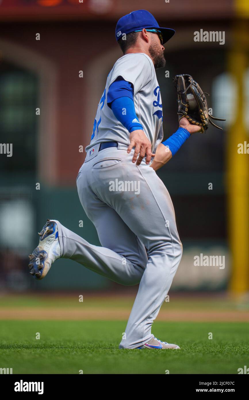 Los Angeles Dodgers shortstop Eddy Alvarez (37) fields a pop fly hit by San Francisco Giants second baseman Wilmer Flores (not pictured) during the ei Stock Photo