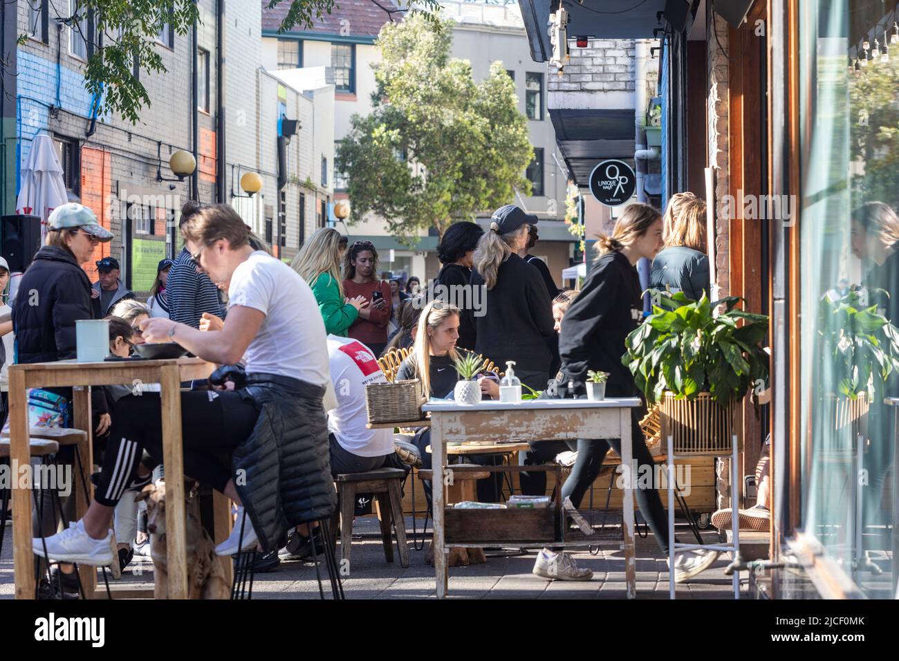 Cafe and coffee shop in laneway in Manly Beach Sydney suburb, people hanging out eating and