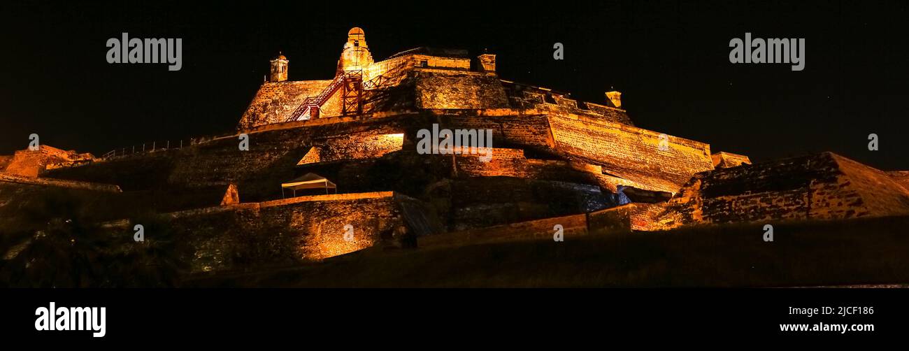 Panoramic view at night to illuminated Castle San Felipe de Barajas, Cartagena, Colombia Stock Photo