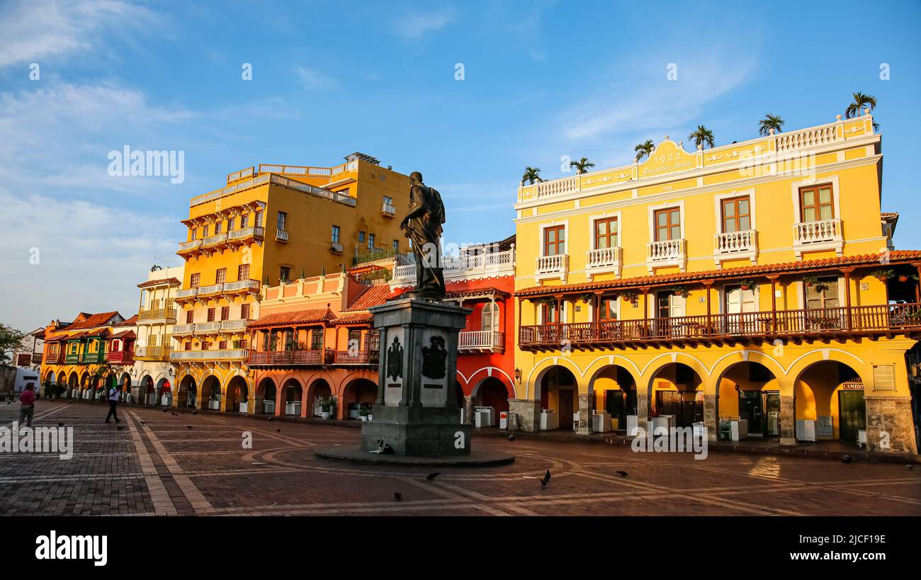 View to an ensemble of colorful historic buildings on a sunny day in Cartagena, Colombia, Unesco World Heritage Stock Photo