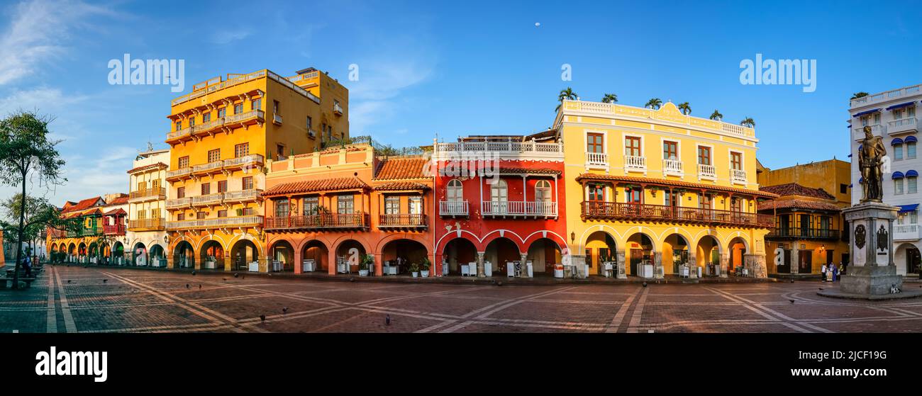 Panorama of an ensemble of colorful historic buildings on a sunny day in Cartagena, Colombia, Unesco World Heritage Stock Photo