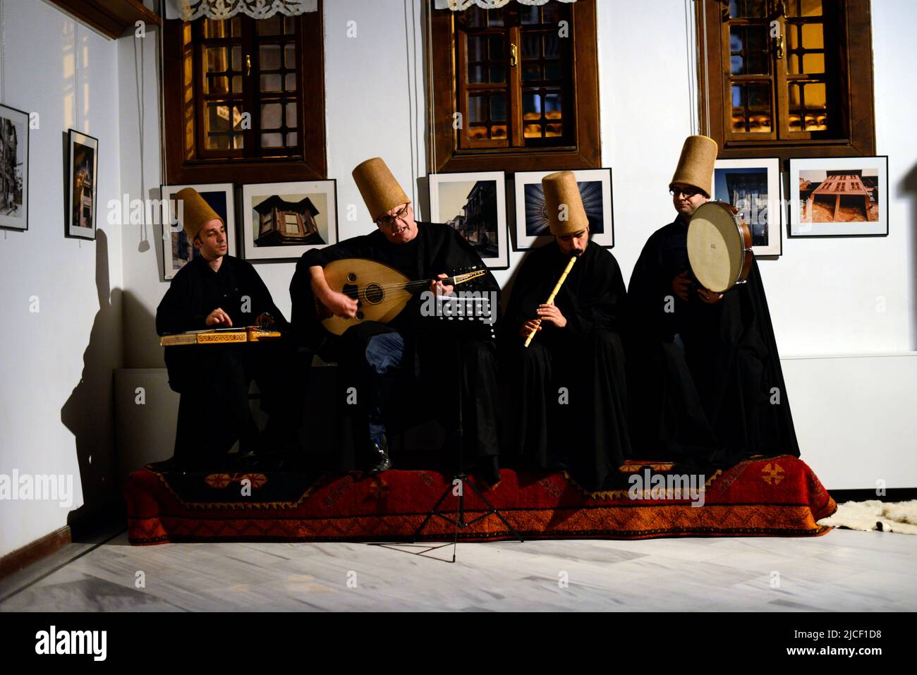 Sufi musicians at a cultural Sufi performance in Istanbul,  Turkey. Stock Photo