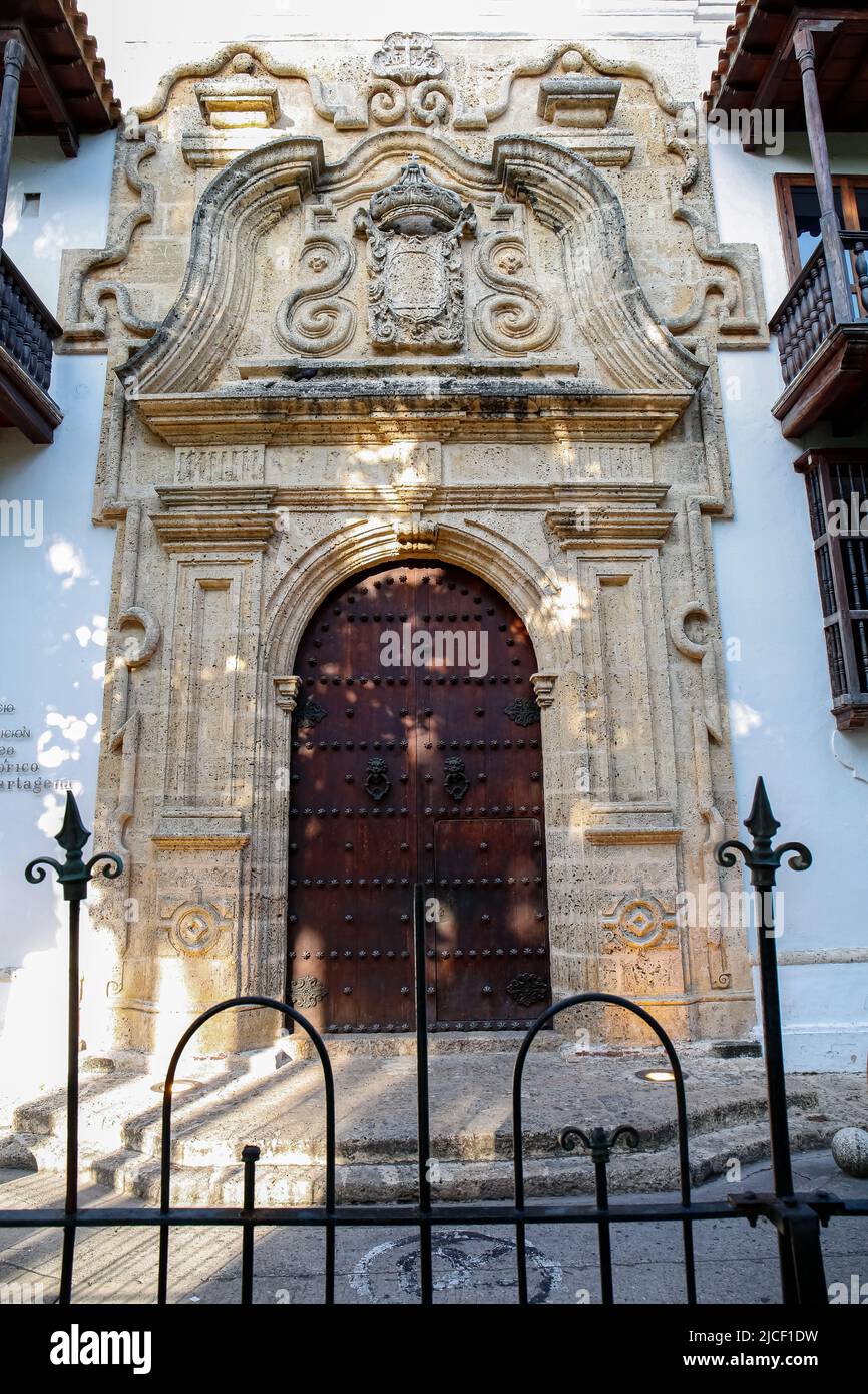 Artful entrance gate at Palace of Inquisition, Cartagena, Unesco World Heritage Stock Photo