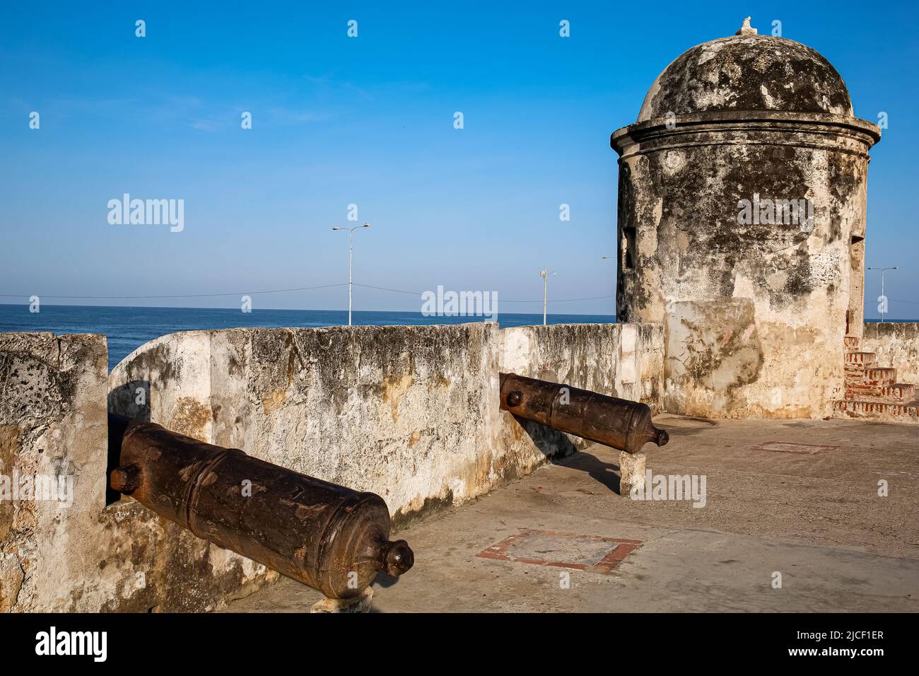 View to a bastion of the city wall with ancient cannons, Cartagena, Colombia, Unesco World Heritage Stock Photo