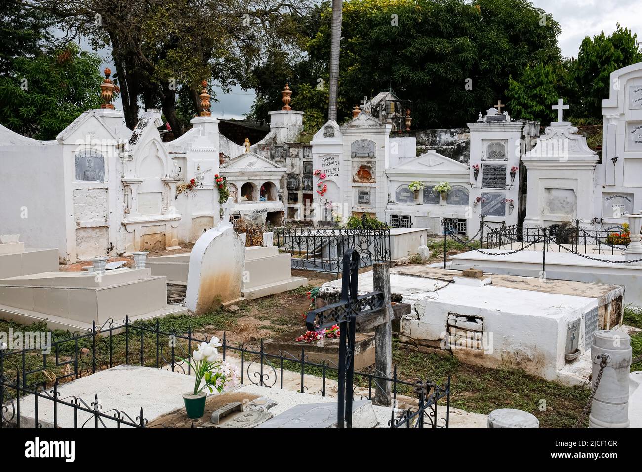 Cemetery with white gravestones and statues, trees in background at Santa Cruz de Mompox Stock Photo