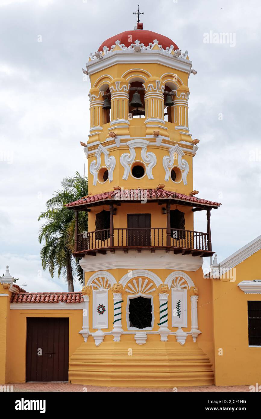 Church tower of Iglesia De Santa Bárbara (church of Saint Barbara) at Santa Cruz de Mompox, Colombia, World Heritage Stock Photo