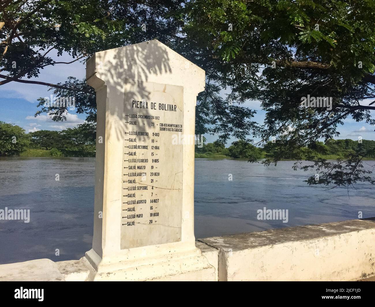 Piedra de Bolivar (memorial stone of Bolivar) at the river in sunlight, Santa Cruz de Mompox Stock Photo
