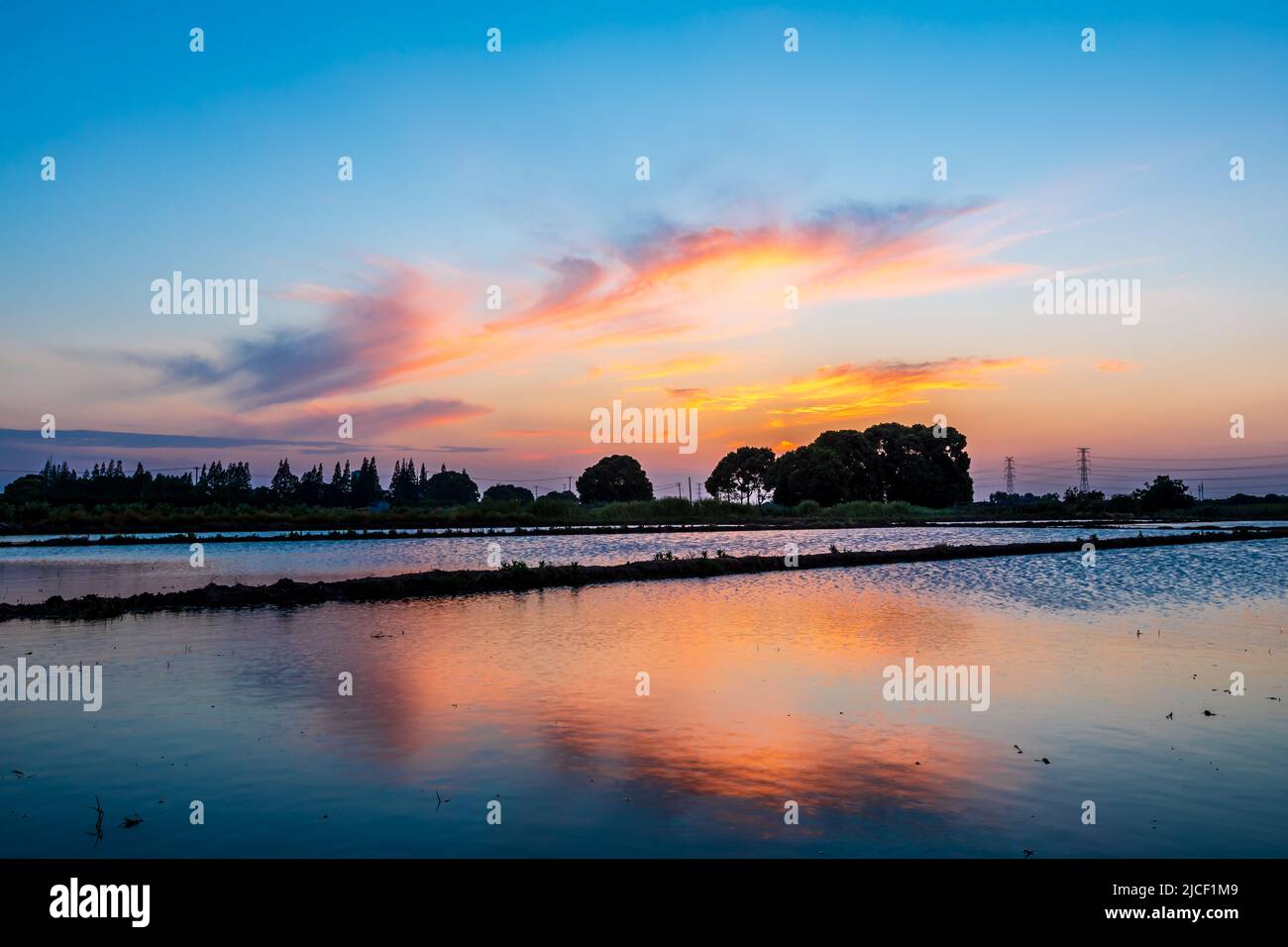 Beautiful sky with clouds and pond water reflection at sunset Stock ...