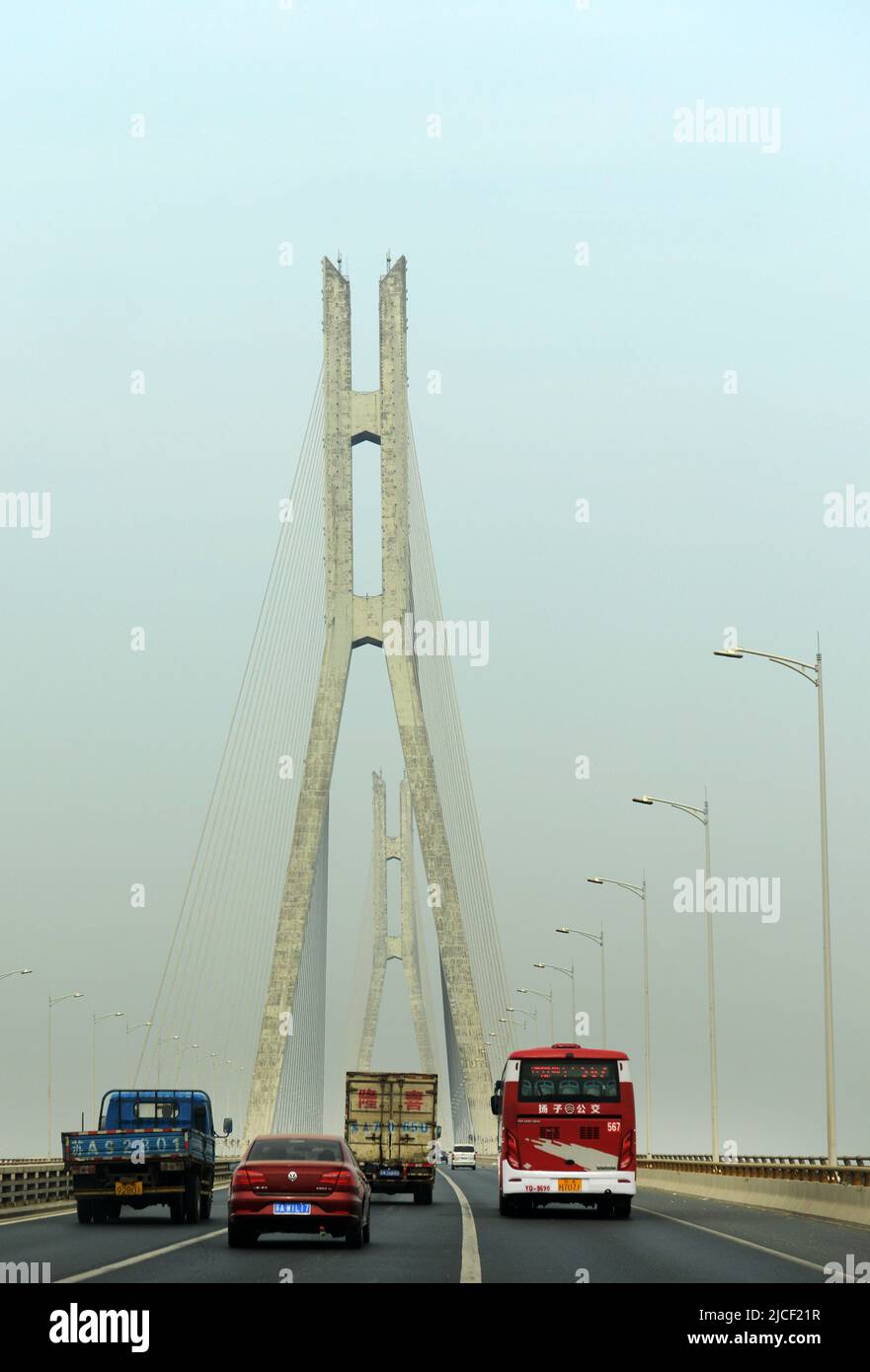 Driving on the Third Nanjing Yangtze River Bridge in Jiangsu province, China. Stock Photo