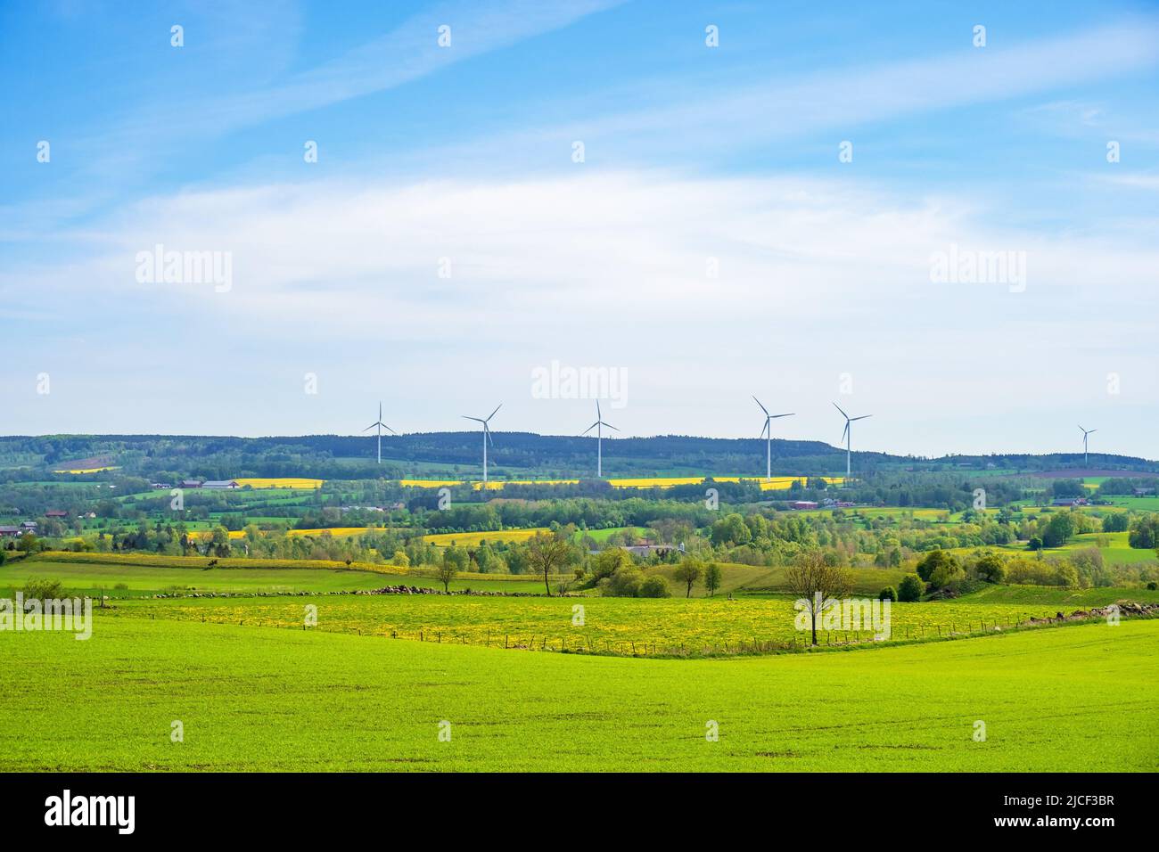 Rural landscape view with wind turbines Stock Photo - Alamy