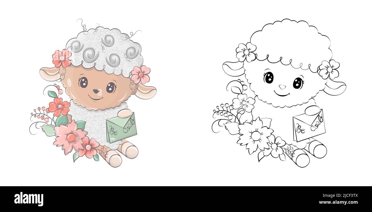 Cute Sheep Clipart for Coloring Page and Illustration. Happy Clip Art Lamb with Flowers and Letter. Vector Illustration of an Animal for Stickers Stock Vector