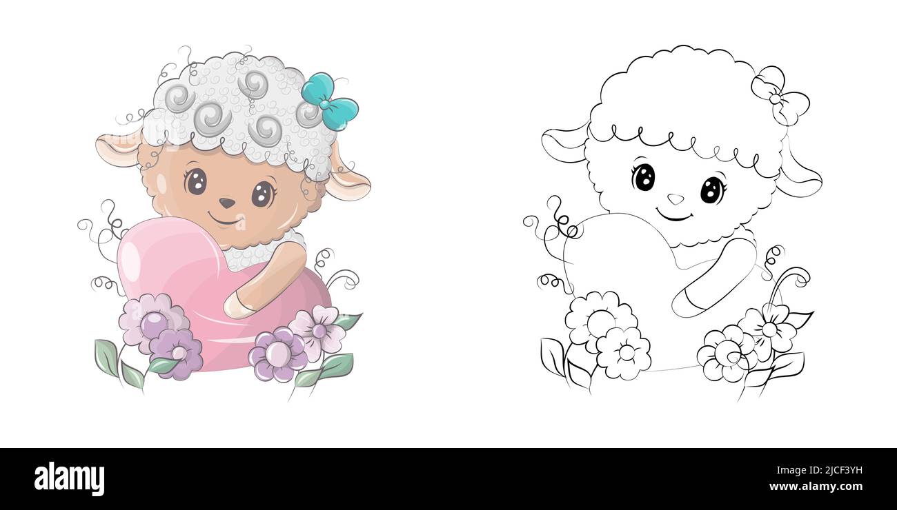 Cute Clipart Lamb Illustration and For Coloring Page. Cartoon Clip Art Sheep Hugging a Heart. Vector Illustration of an Animal for Stickers, Baby Stock Vector