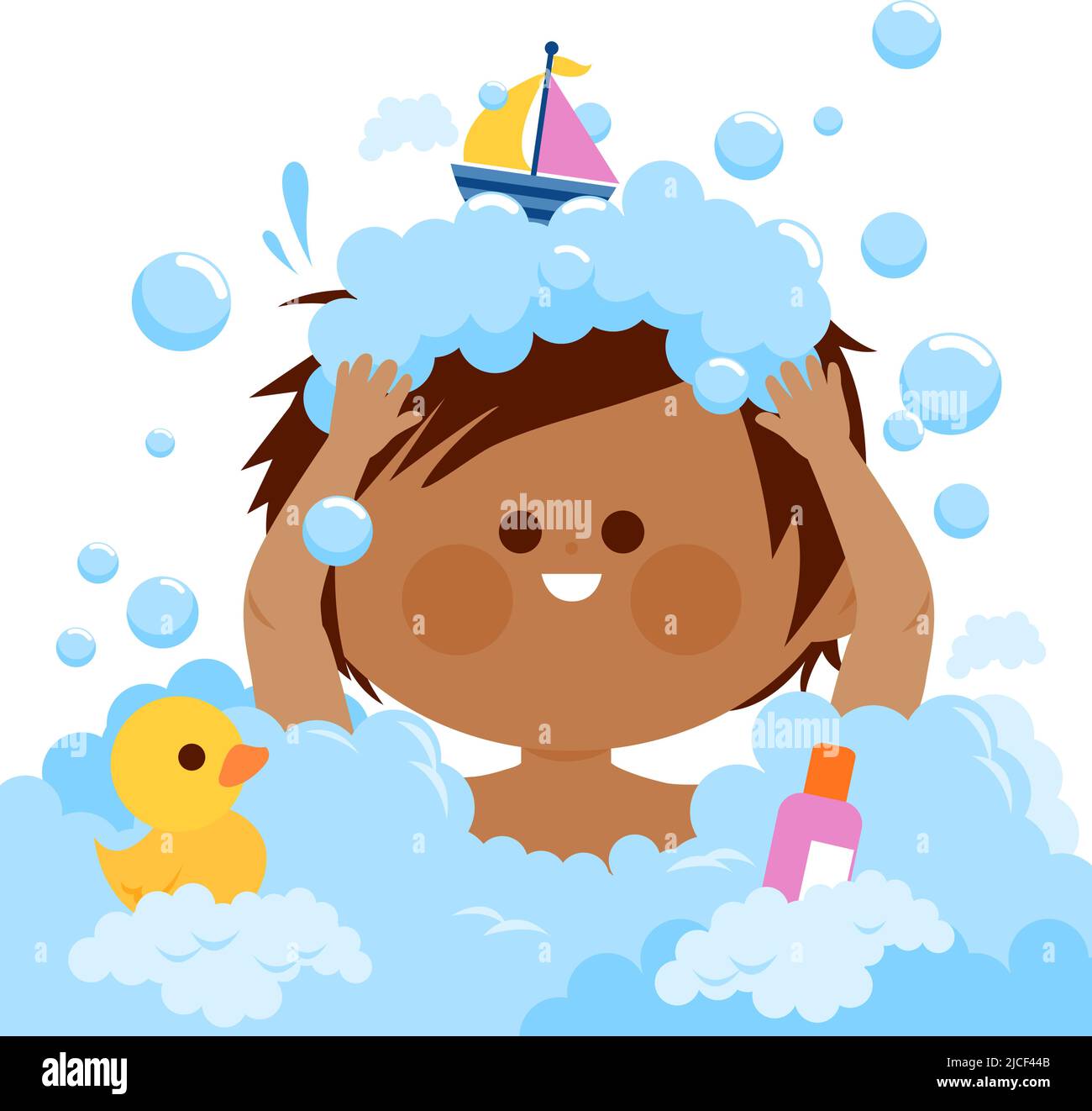 Little child taking a bubble bath and washing his hair. Vector illustration Stock Vector