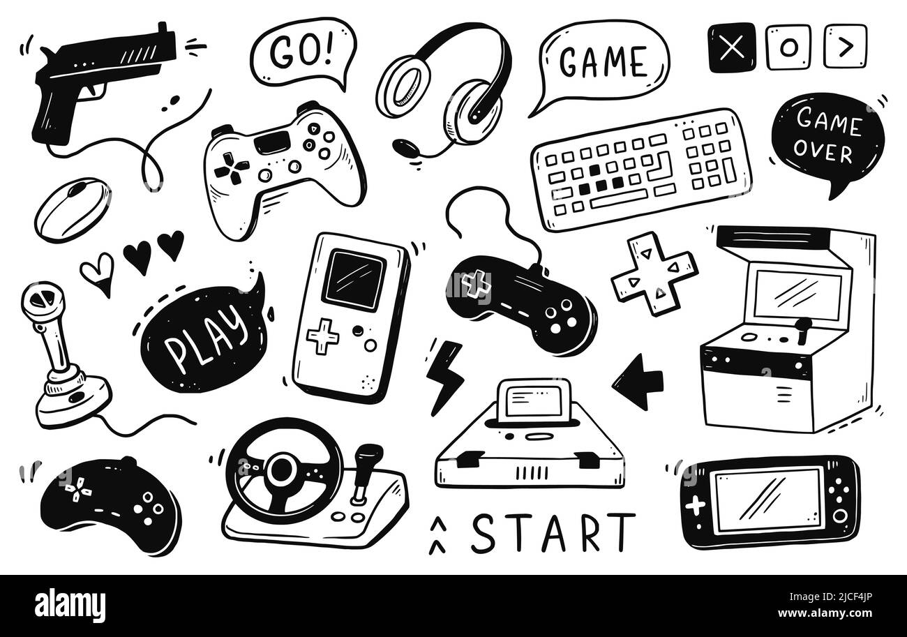 Video game hand drawn doodle set. Video gamer console, joystick, controller element. Computer retro, arcade play background. Vector illustration. Stock Vector
