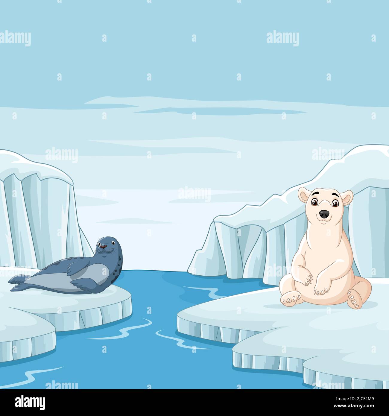 Cartoon seal with polar bear in arctic background Stock Vector