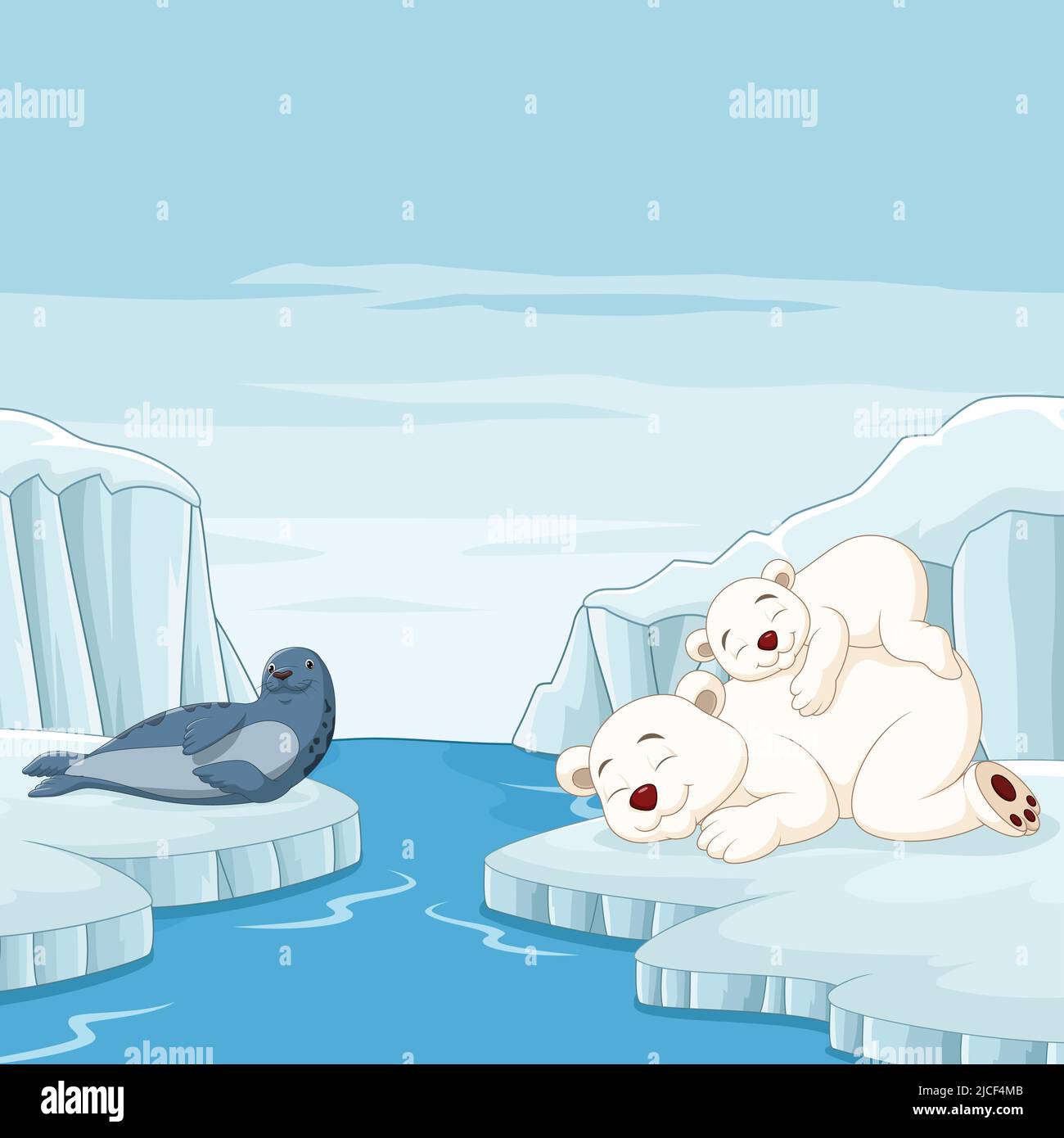 Cartoon mother and baby polar bear sleeps with seal in arctic background Stock Vector