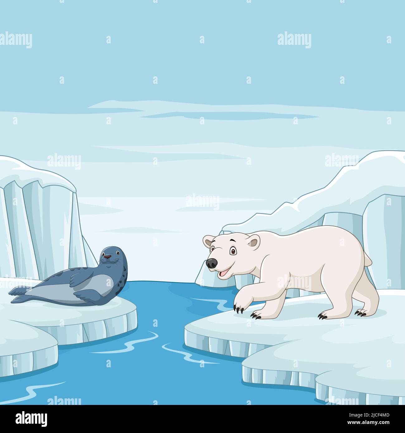 Cartoon seal with polar bear in arctic background Stock Vector